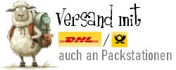 Ein lustiges Auto zieht ein Geschenkpaket hinter sich her. Daneben ein DHL- und Post-Logo